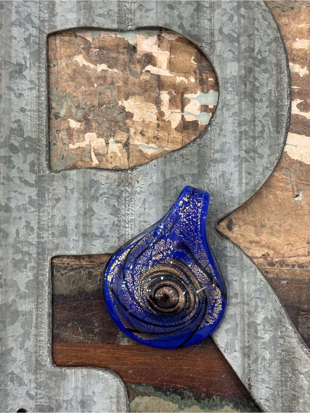 Glass Pendant Metallic Charm Handblown Blue